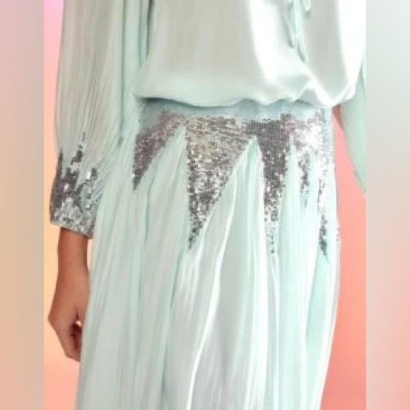 Cynthia Rowley Mint Green/Blue Silk Peasant Skirt  (ONLY) w/ Sequins Sz 2, NWT - Picture 4 of 8